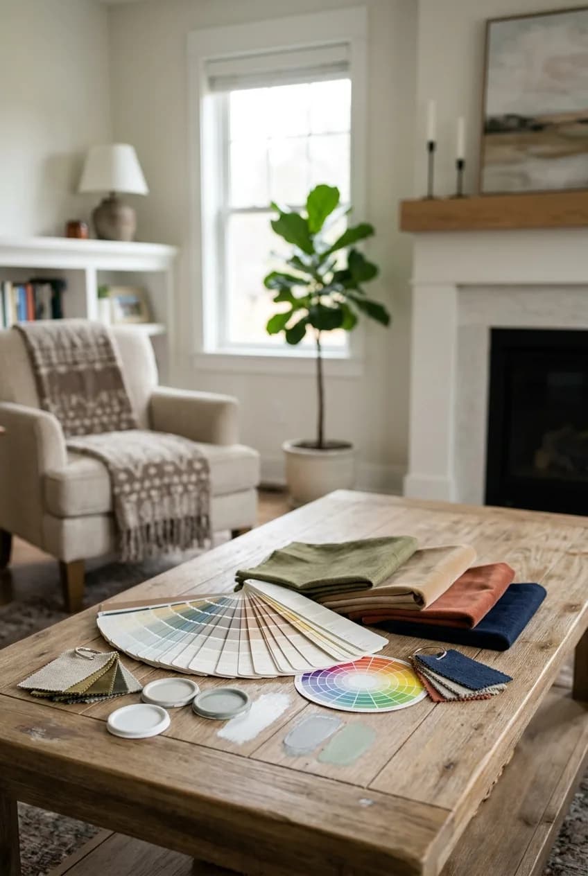A color consultant's toolkit with fanned-out paint swatches and fabric samples, showing the professional materials they use.