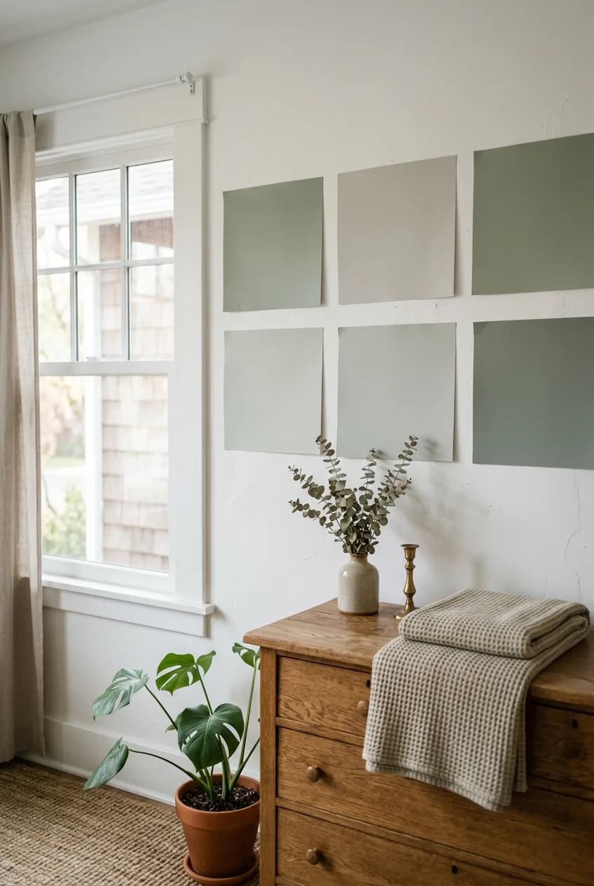 Large paint swatches in greens and grays on a wall, illustrating how to test colors at home before deciding whether to hire a color consultant.