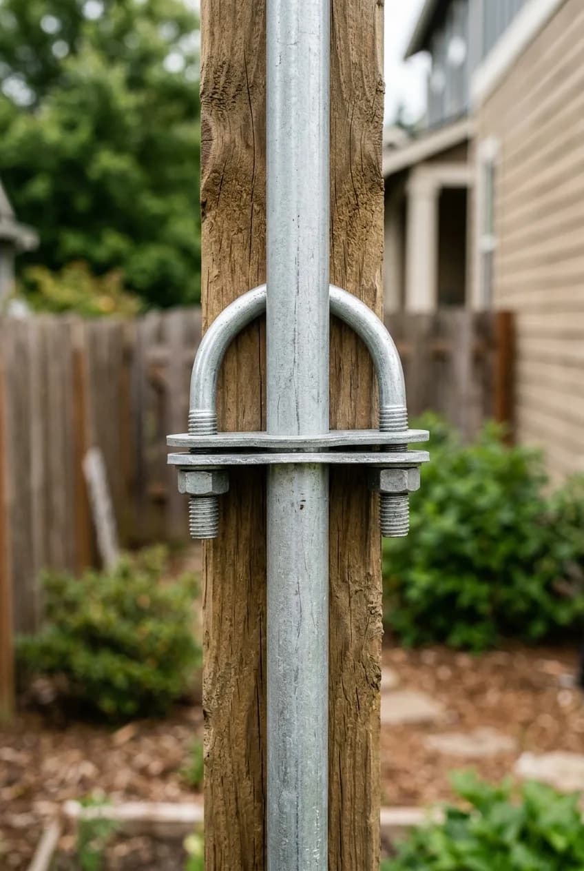 A close-up of a sturdy DIY garden trellis joint, using a U-bolt to securely fasten metal conduit to a wooden post.