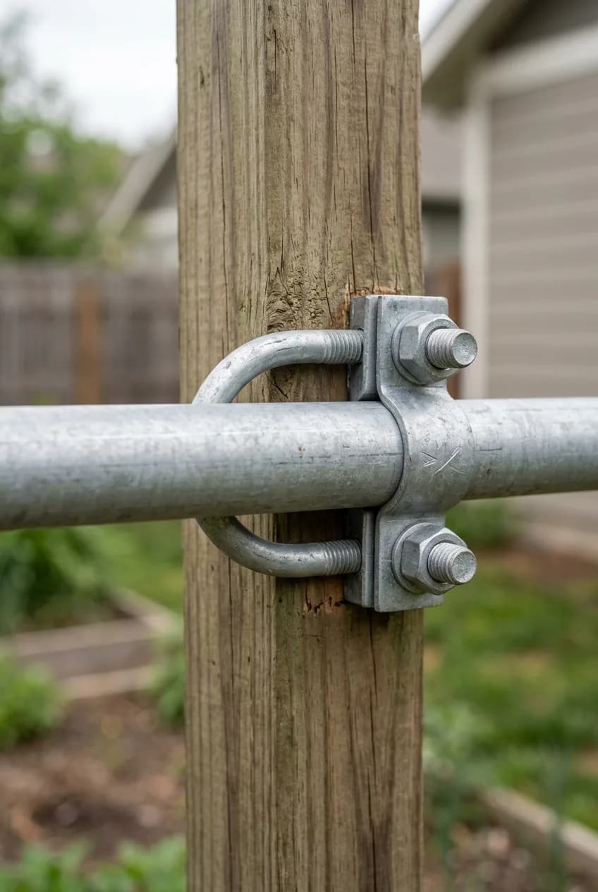 A close-up of a sturdy DIY garden trellis joint, using a U-bolt to securely fasten metal conduit to a wooden post.