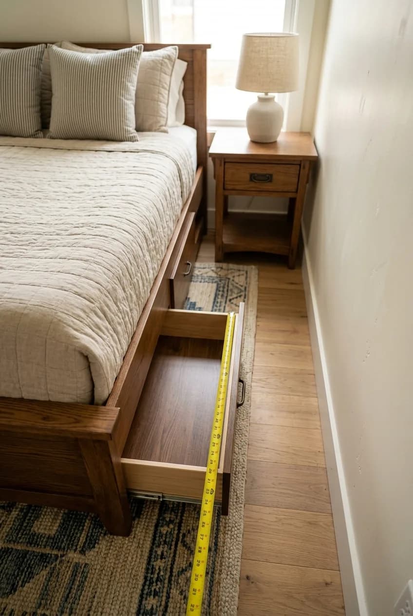 A tape measure shows the 22-inch clearance needed to fully open a drawer on a storage bed in a small bedroom.