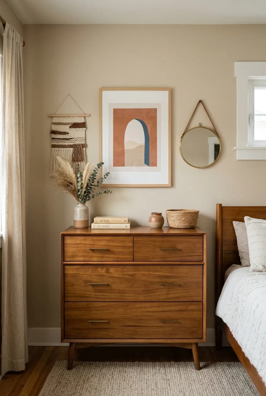 A curated wall with abstract landscape art and a macrame hanging, fitting earthy desert tone bedroom decor ideas.