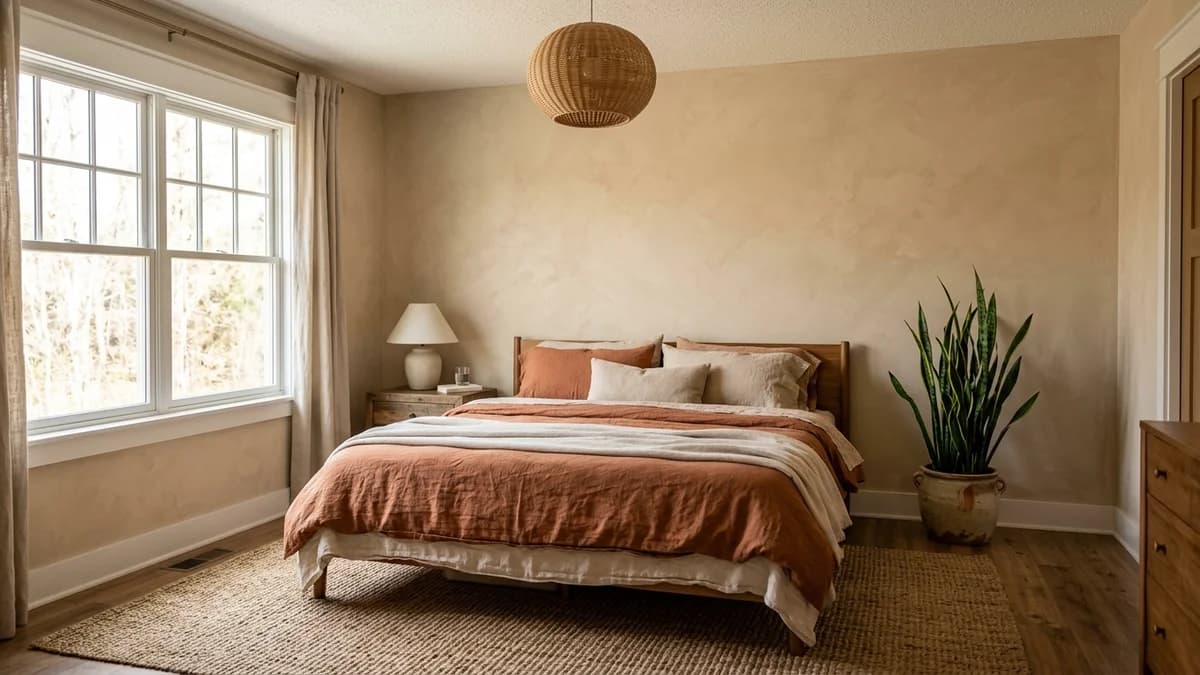 An example of earthy desert tone bedroom decor ideas, showing a serene room with layered bedding, natural textures, and warm colors.