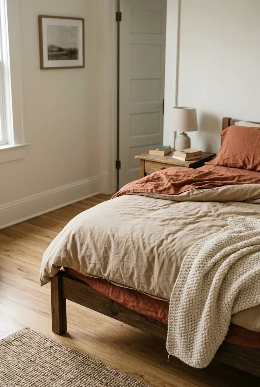 Layered linen and organic bedding in earthy desert tones of terracotta and beige, creating a cozy and inviting bedroom.