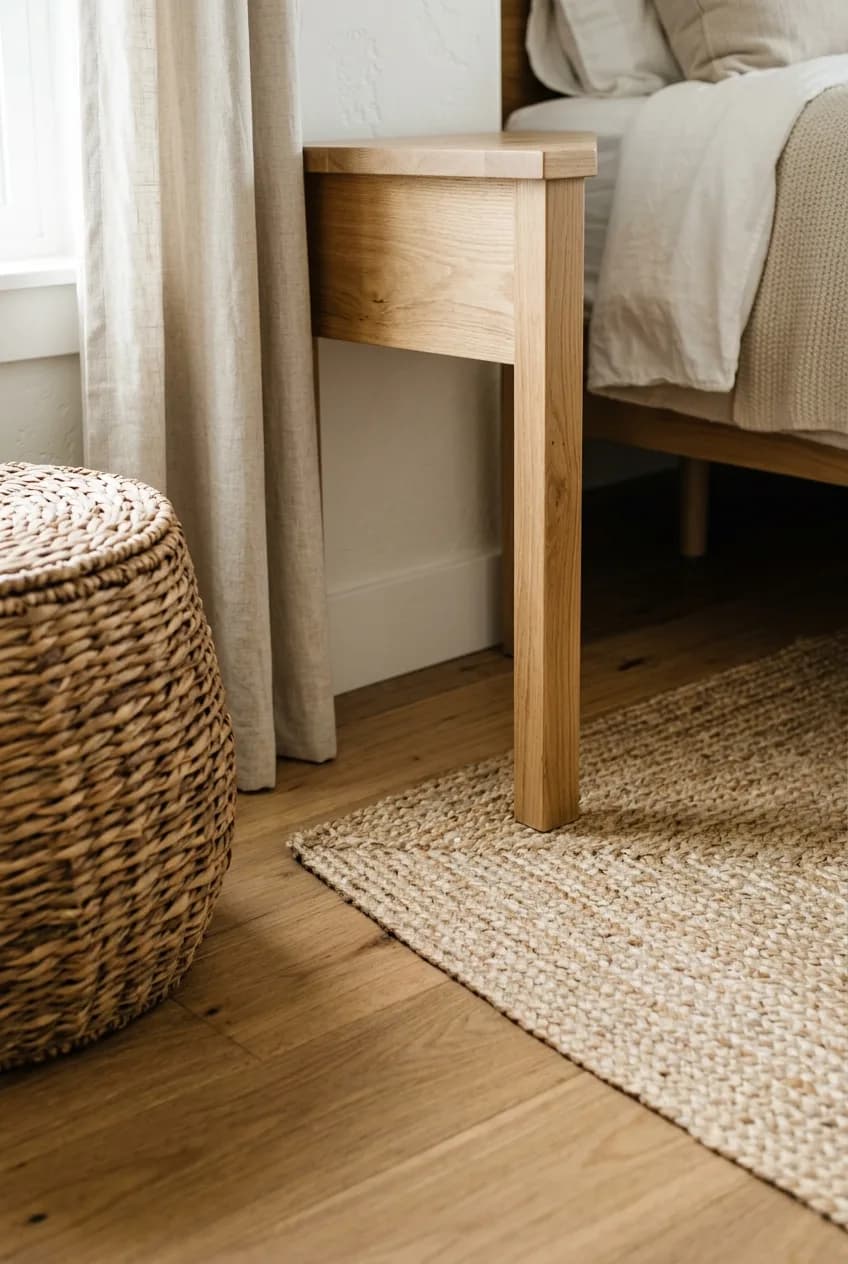 A detail shot for earthy desert tone bedroom decor ideas, highlighting the natural textures of a jute rug and a wicker basket.