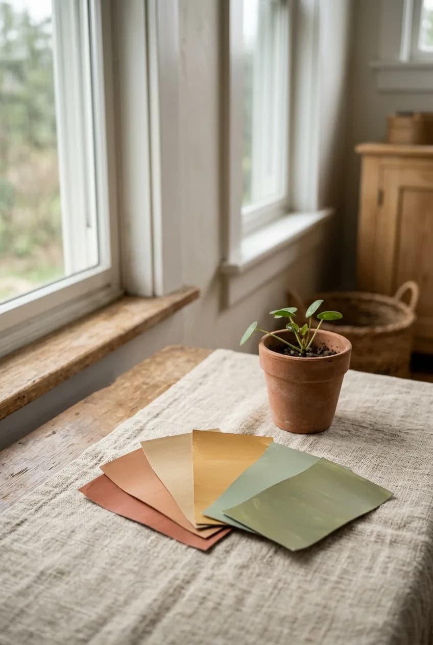 A desert sunset color palette showing earthy desert tone swatches of terracotta, sand, and ochre for bedroom decor.