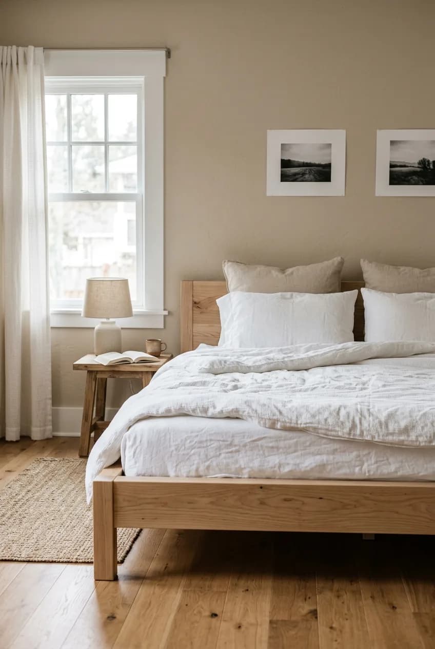 A modern bed frame with clean lines and a raw wood finish, a key element of earthy desert tone bedroom decor.