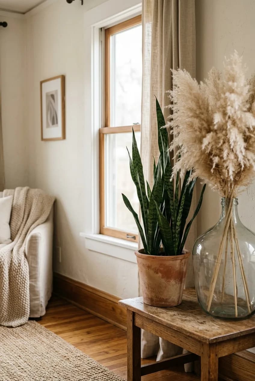 Sculptural snake plant and dried pampas grass used as decor elements in an earthy desert tone bedroom.
