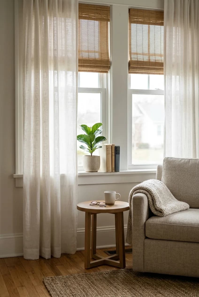 Sheer linen curtains layered over woven blinds filter sunlight, enhancing the warm glow in an earthy desert tone bedroom.