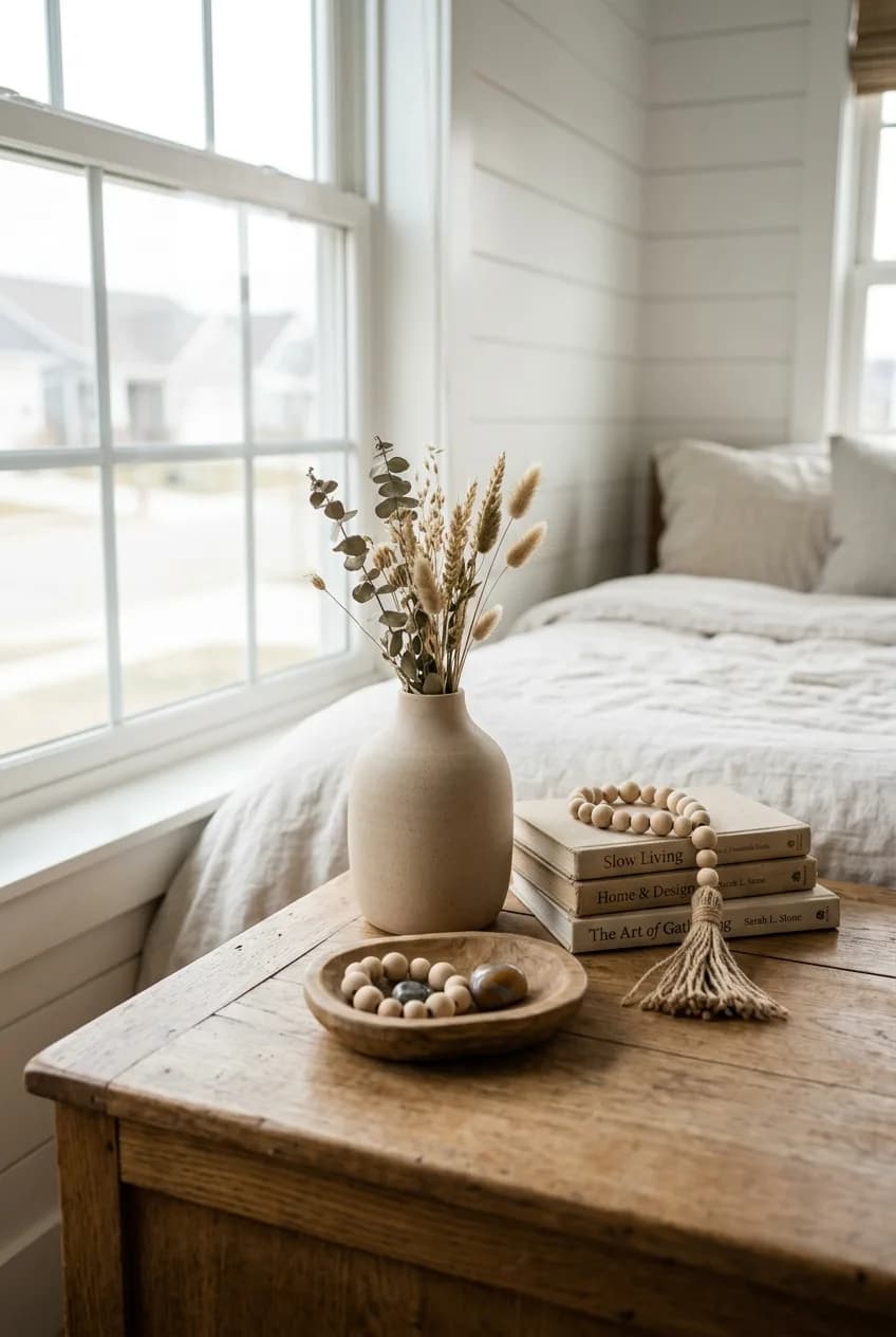 A collection of handcrafted accessories, including unglazed pottery, part of an earthy desert tone bedroom decor scheme.