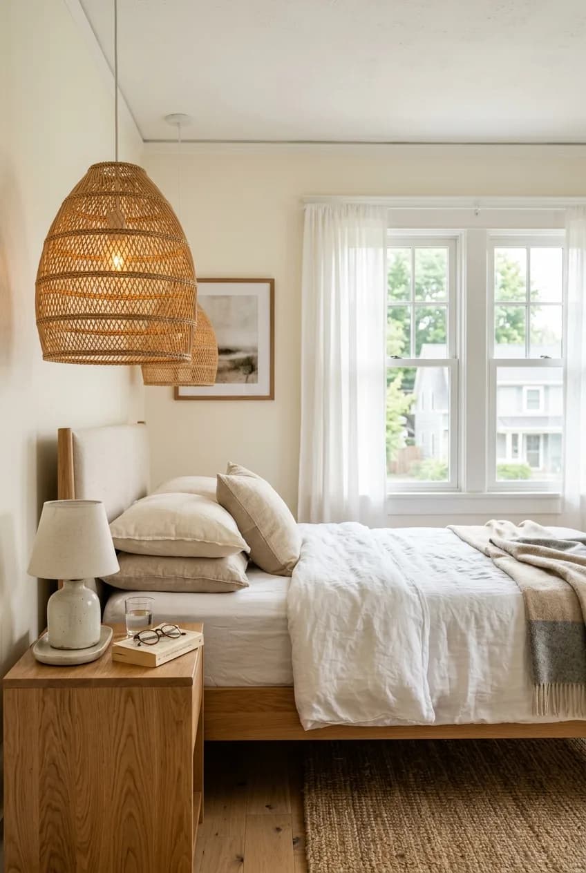 Warm, diffused lighting from a rattan pendant light, creating a serene mood for an earthy desert tone bedroom.