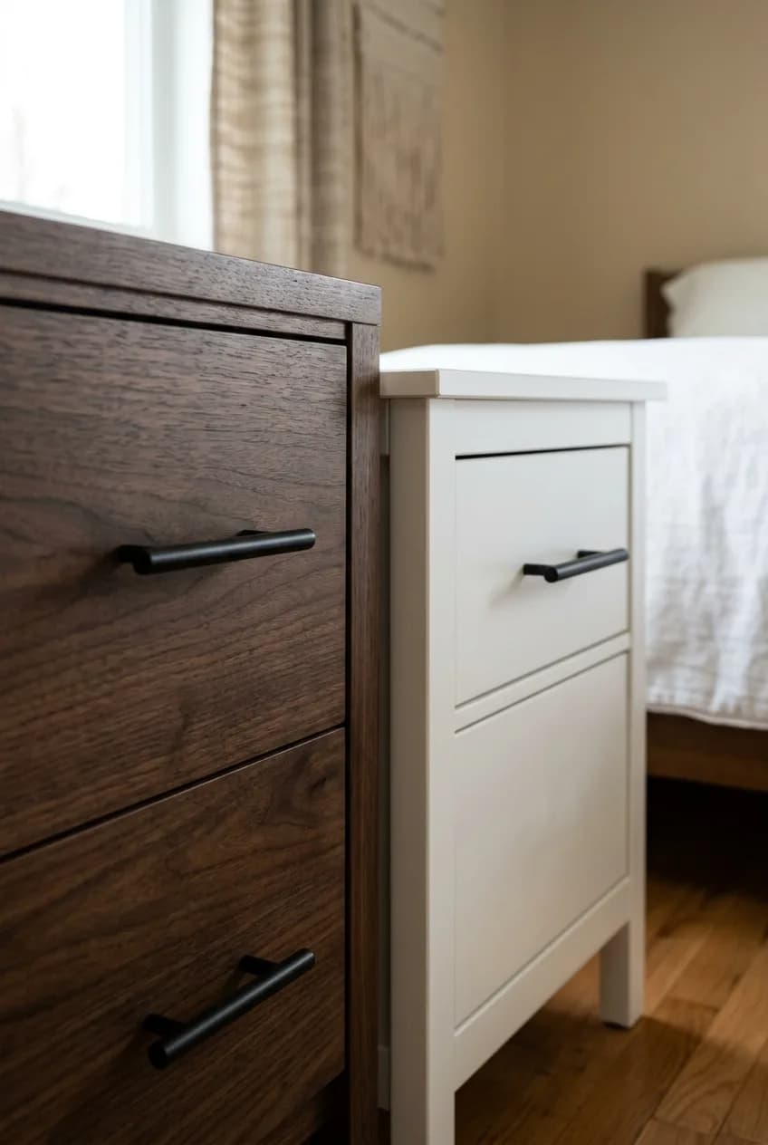 Unifying different styles of furniture by installing identical matte black hardware on a wood dresser and a white nightstand.