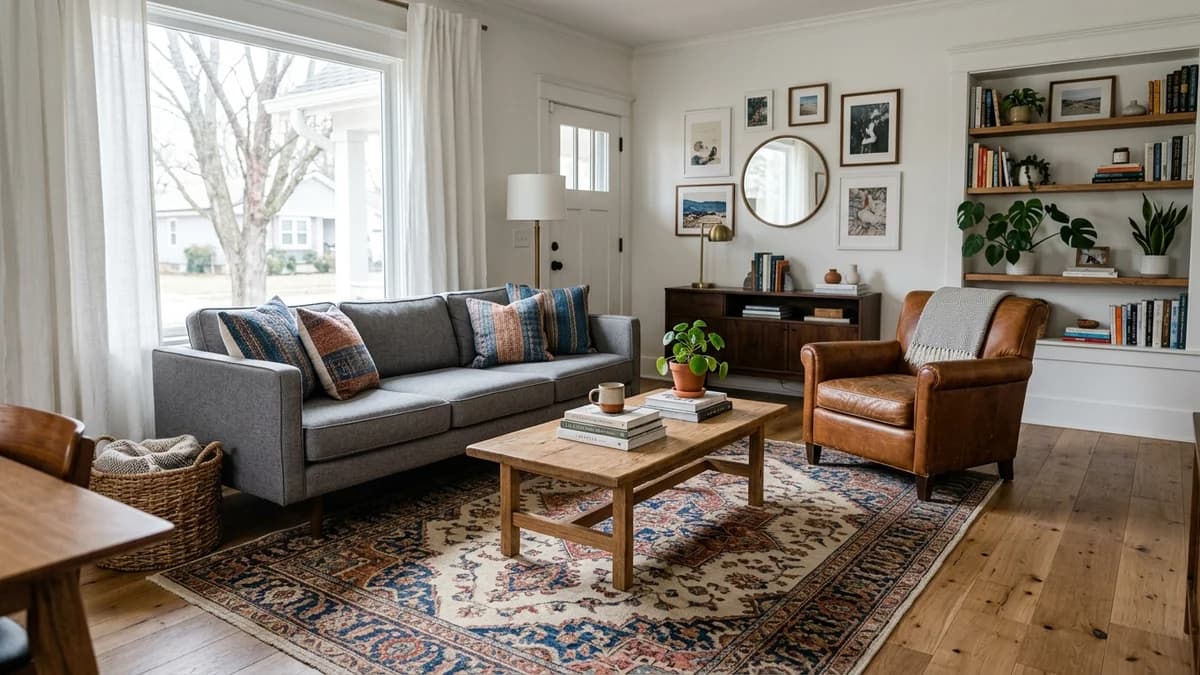 How to fix mismatched furniture in a living room with a modern sofa, vintage armchair, and rustic coffee table unified by a colorful rug and pillows.