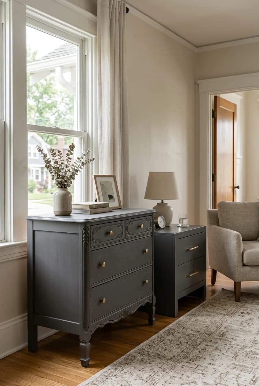 Fixing mismatched furniture by painting a vintage dresser and a modern nightstand in the same charcoal gray color to create a unified look.