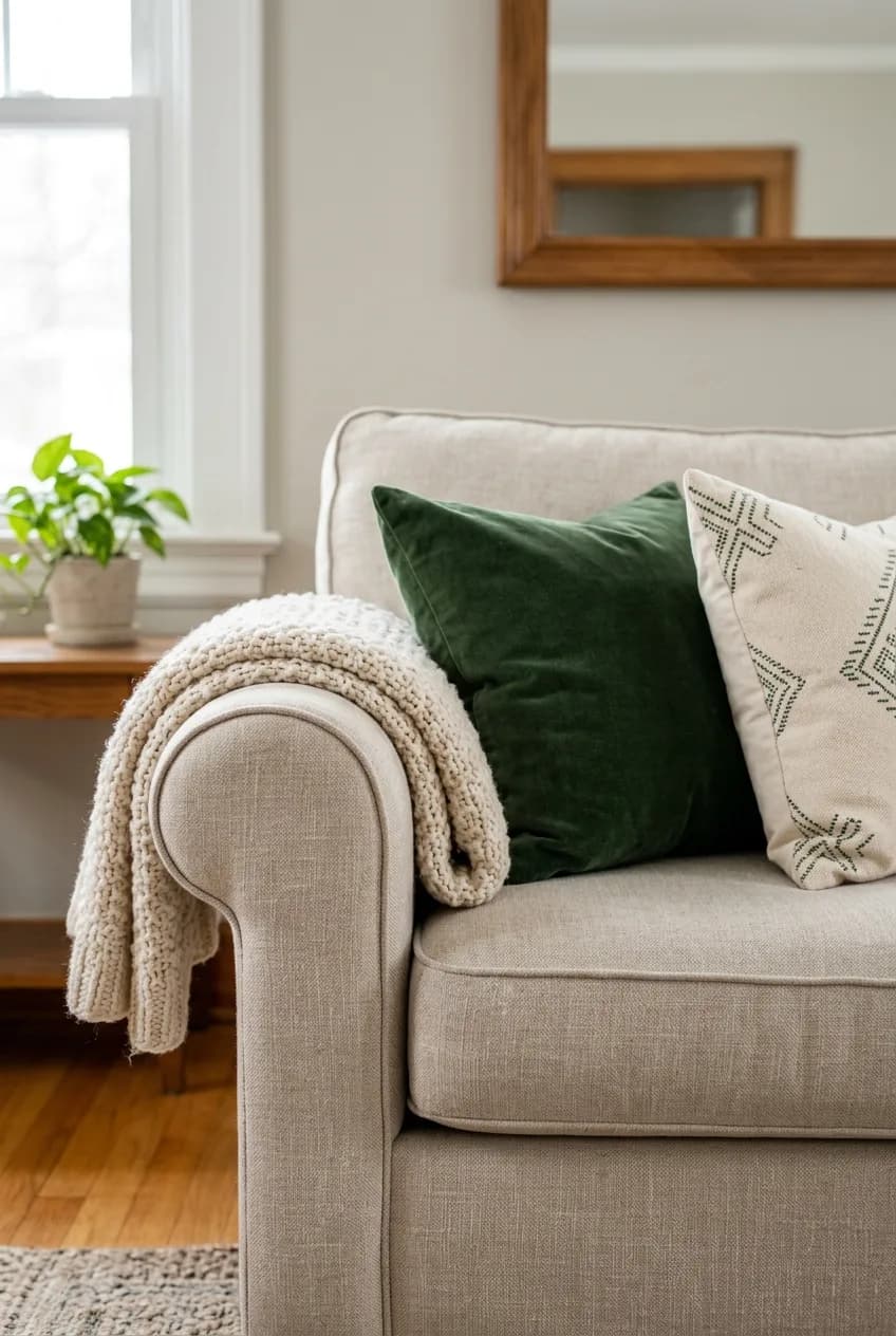 Using cohesive textiles to fix mismatched furniture, shown by green and cream pillows and a throw blanket on a sofa.
