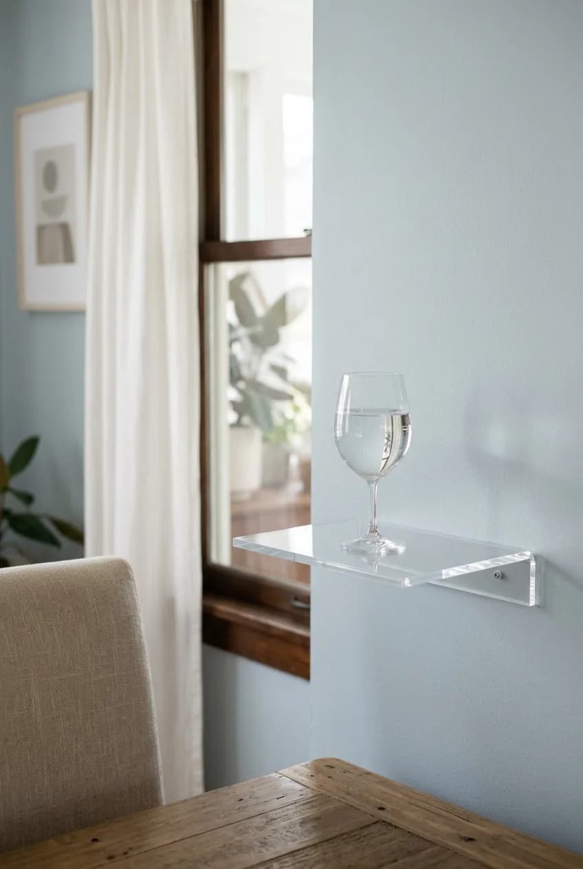 An 'invisible' floating nightstand idea using a clear acrylic shelf, making bedside items appear to float and adding zero visual clutter to a small bedroom.