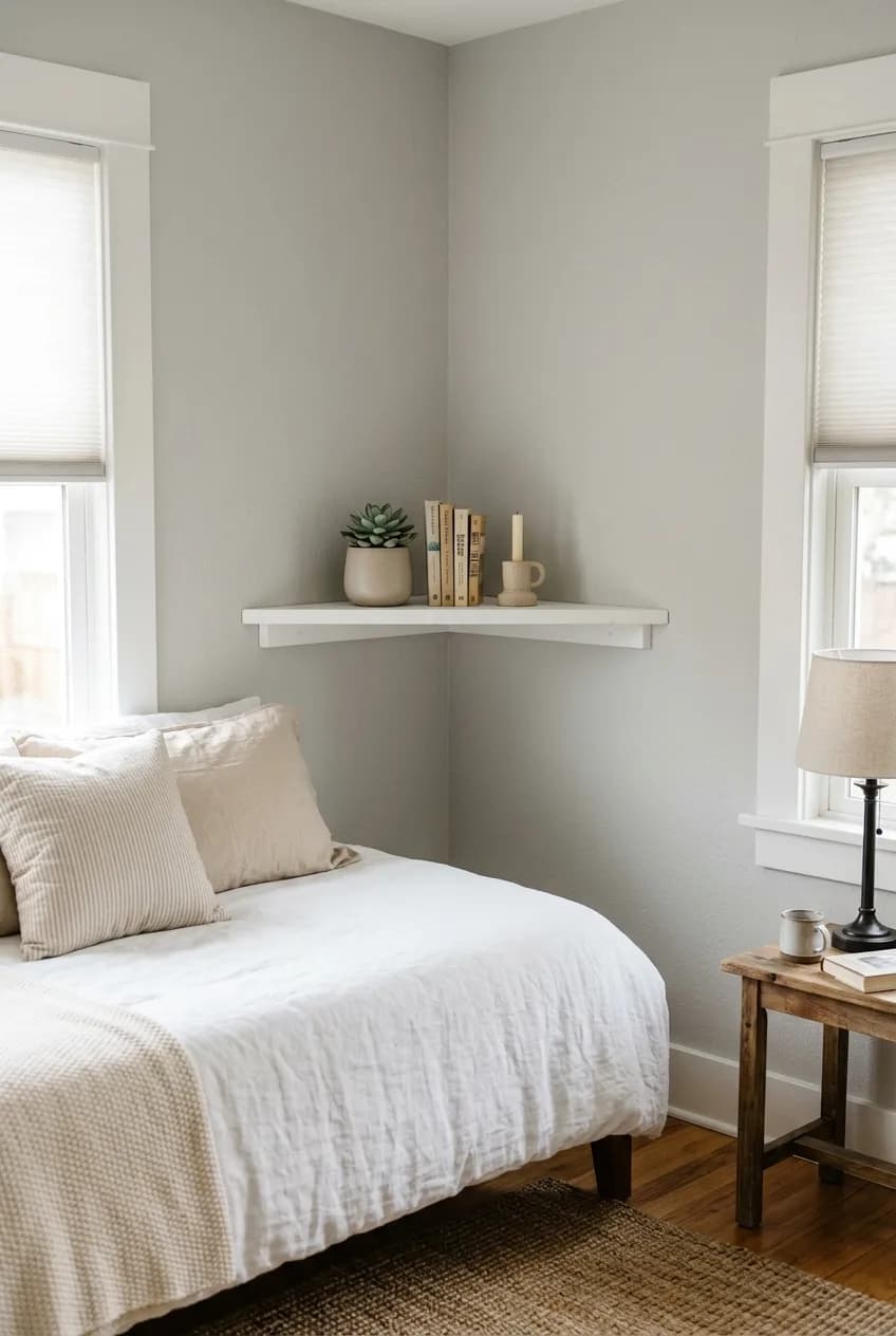 A floating corner shelf used as a clever nightstand idea to maximize the awkward, unused space between a bed and the wall in a small bedroom.