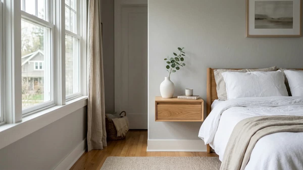 Floating nightstand ideas for small bedrooms: A chic, minimalist floating wood drawer next to a neatly made bed, showcasing a space-saving design.