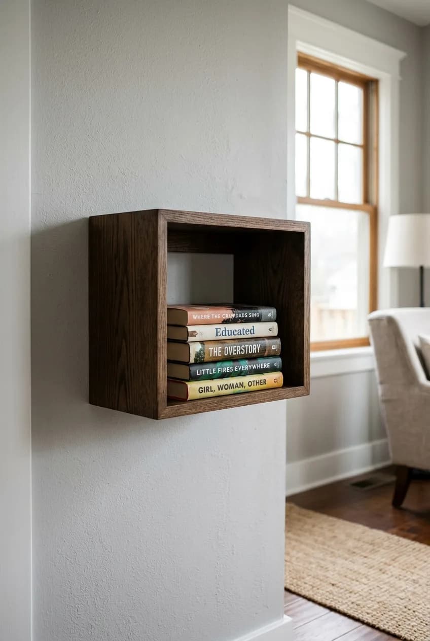 A modern floating nightstand idea featuring a single geometric cube shelf, providing both an interior and a top surface for storage in a small bedroom.