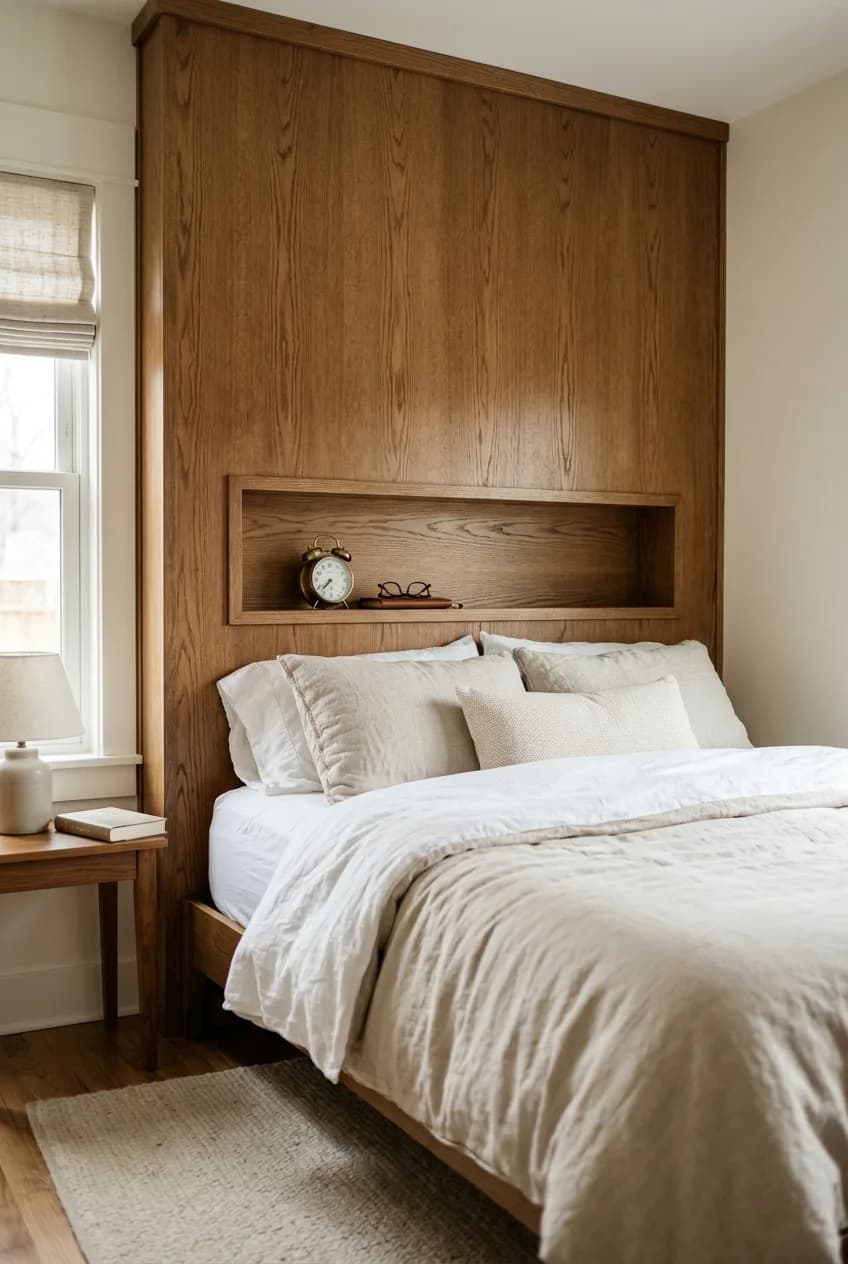 An integrated floating nightstand idea showing a recessed storage niche built directly into a bedroom's headboard wall for a seamless look.