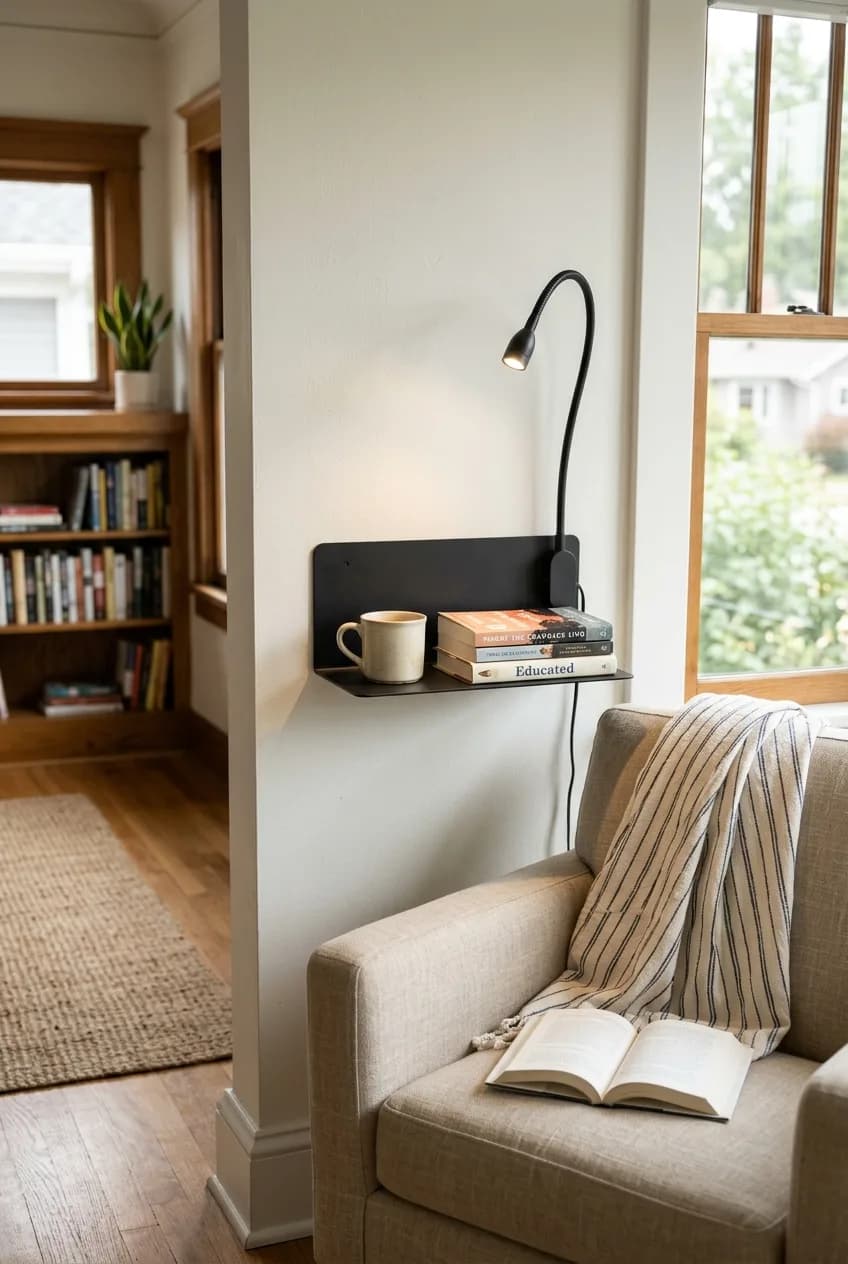 A smart floating nightstand idea combining a small shelf and a built-in wall sconce into a single unit, saving maximum space in a small bedroom.
