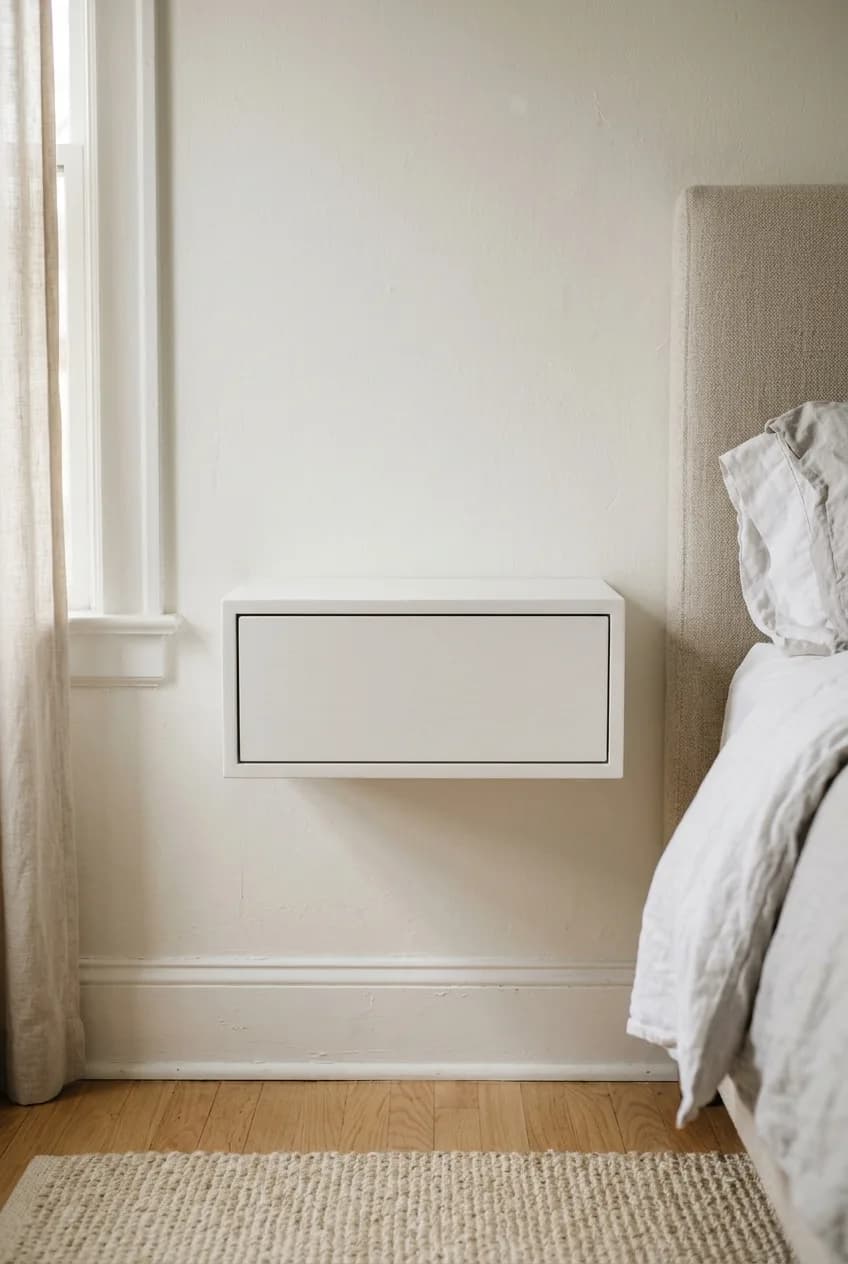 A minimalist floating nightstand idea featuring a single white drawer that blends seamlessly with the wall for a clean look in a small bedroom.
