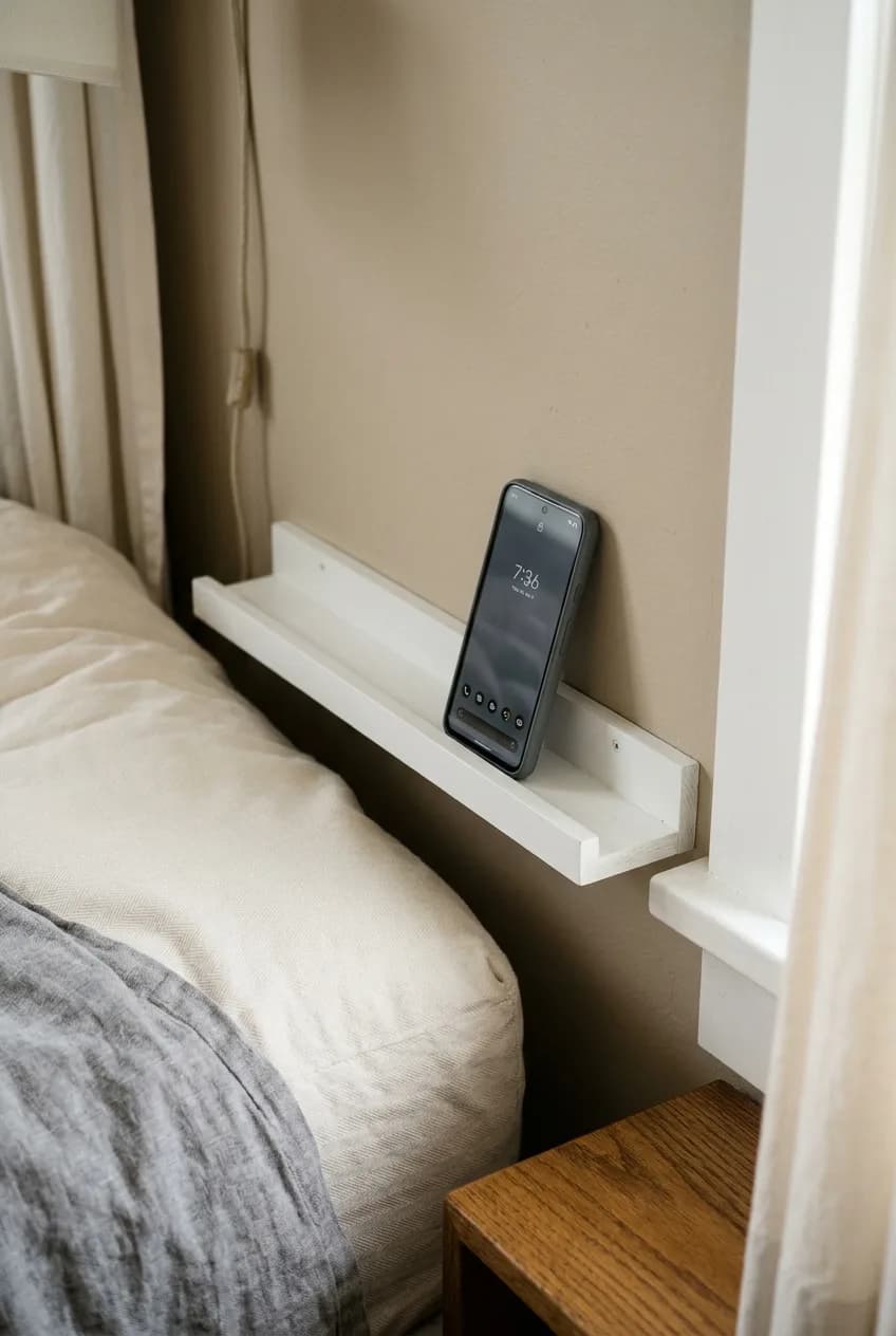 An ultra-narrow picture ledge used as a floating nightstand idea for a very small bedroom, providing a minimal surface for essentials.