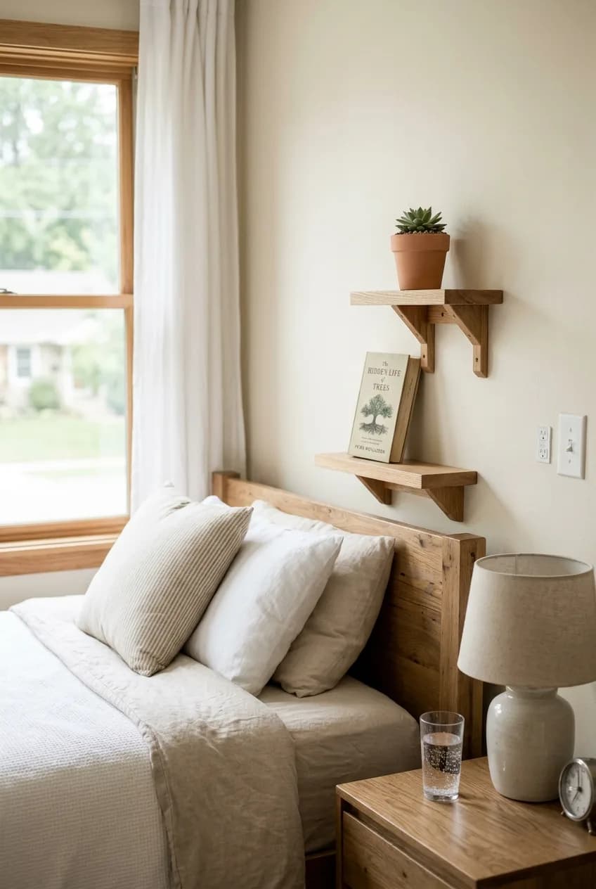 A floating nightstand idea for small bedrooms using two tiered wooden shelves to create vertical storage and draw the eye upward.