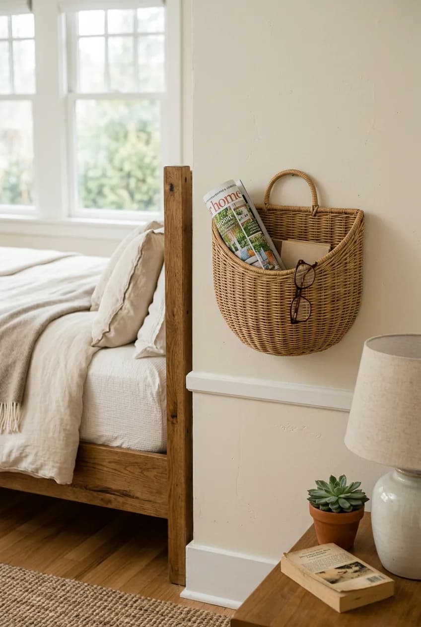 A bohemian floating nightstand idea using a sturdy, wall-mounted woven basket to add texture and cozy storage to a small bedroom.