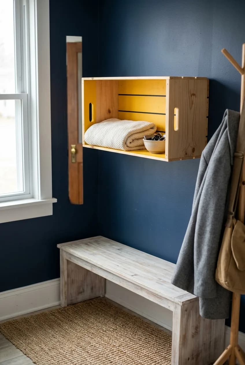 A rustic floating nightstand idea for a small bedroom, featuring a wooden crate mounted on its side to provide two storage surfaces.