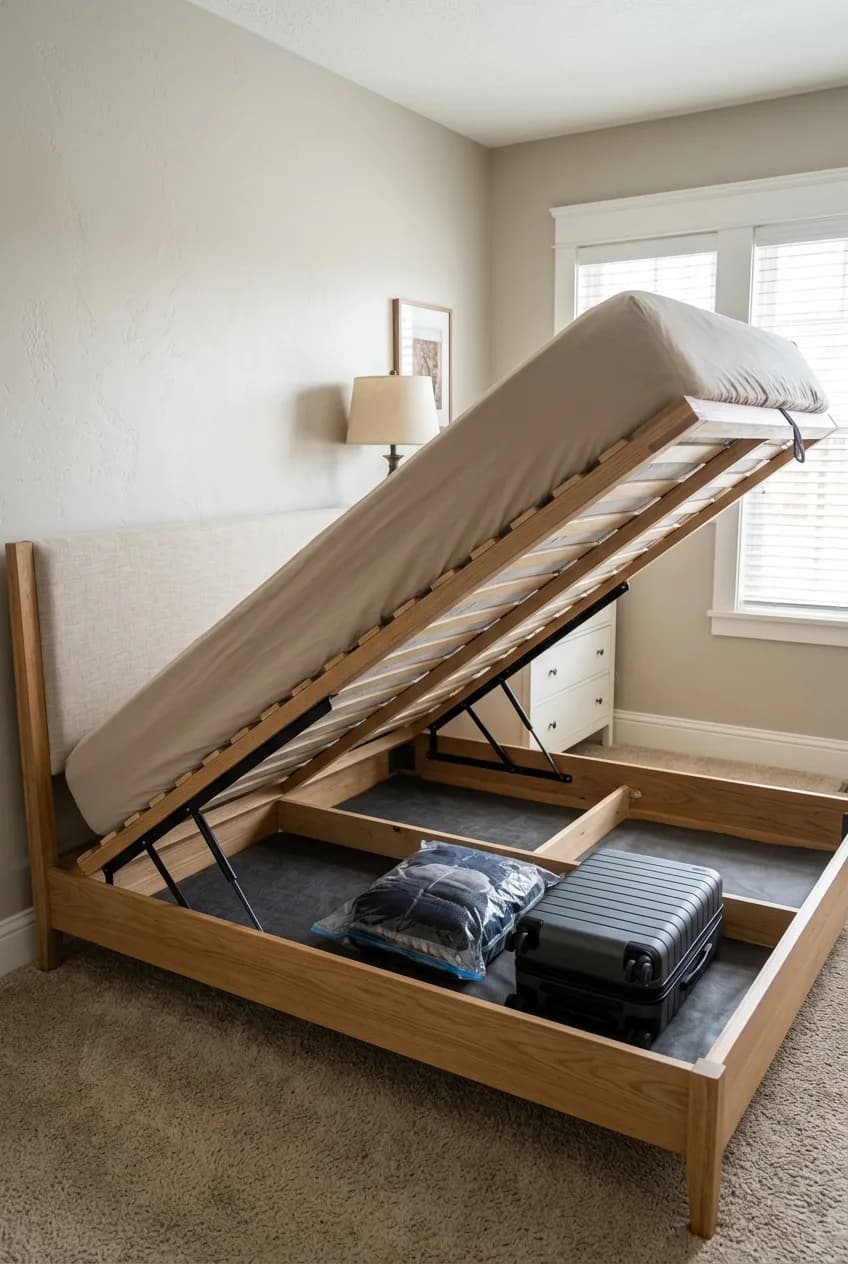A gas lift bed opened to reveal ample storage space for a suitcase and seasonal items, illustrating its use for bulky storage.