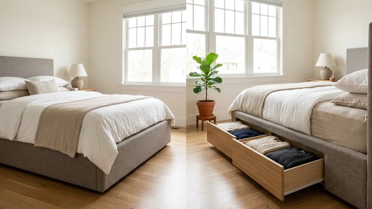 Comparing gas lift bed vs drawer storage, showing two bed styles side-by-side in a small, organized bedroom.