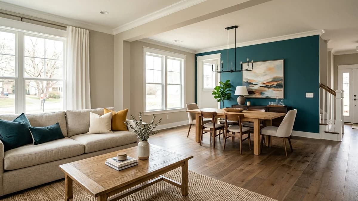 A cohesive living room showing the benefits of hiring a color consultant, with neutral walls and a perfectly placed accent color.