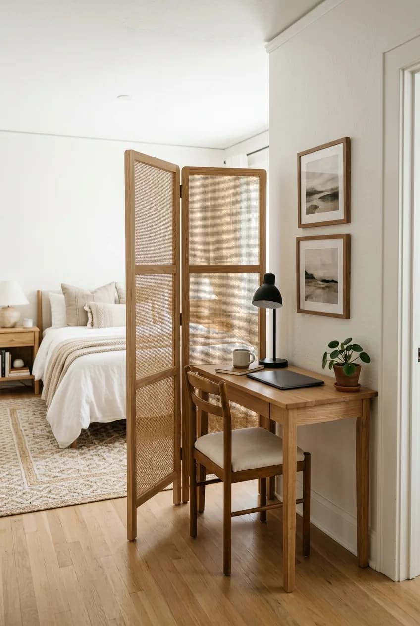 Using a folding screen to conceal a home office in a small bedroom, creating a visual separation between work and rest areas.