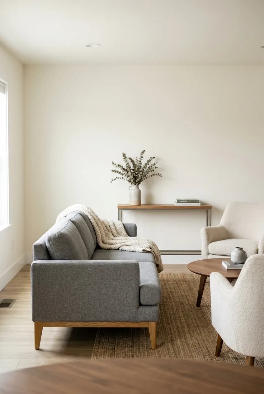 A furniture arrangement for a long narrow living room featuring a 'floating' sofa that acts as a room divider.