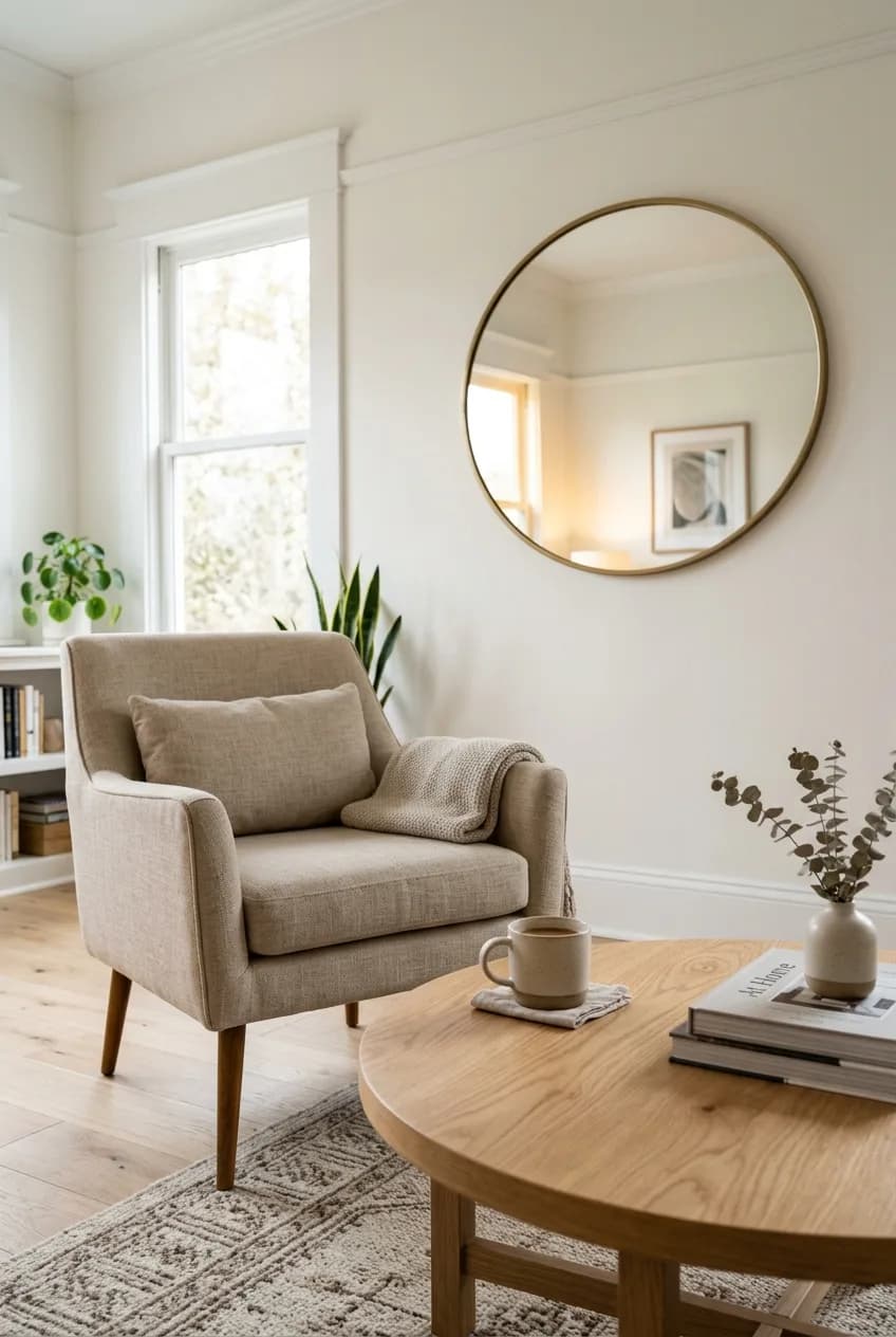 Supporting furniture for a narrow living room, including a round coffee table and an armchair on tall legs to create a feeling of width.