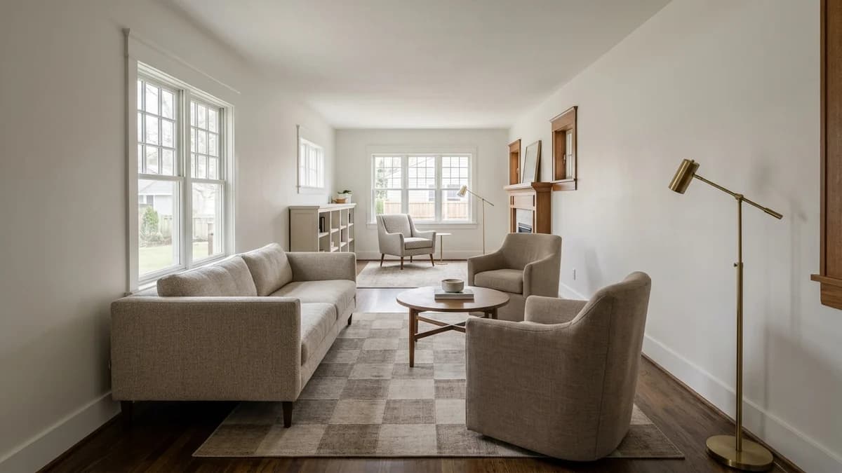 An ideal arrangement for a long narrow living room, with a floating sofa creating a distinct conversation zone separate from a reading nook in the background.