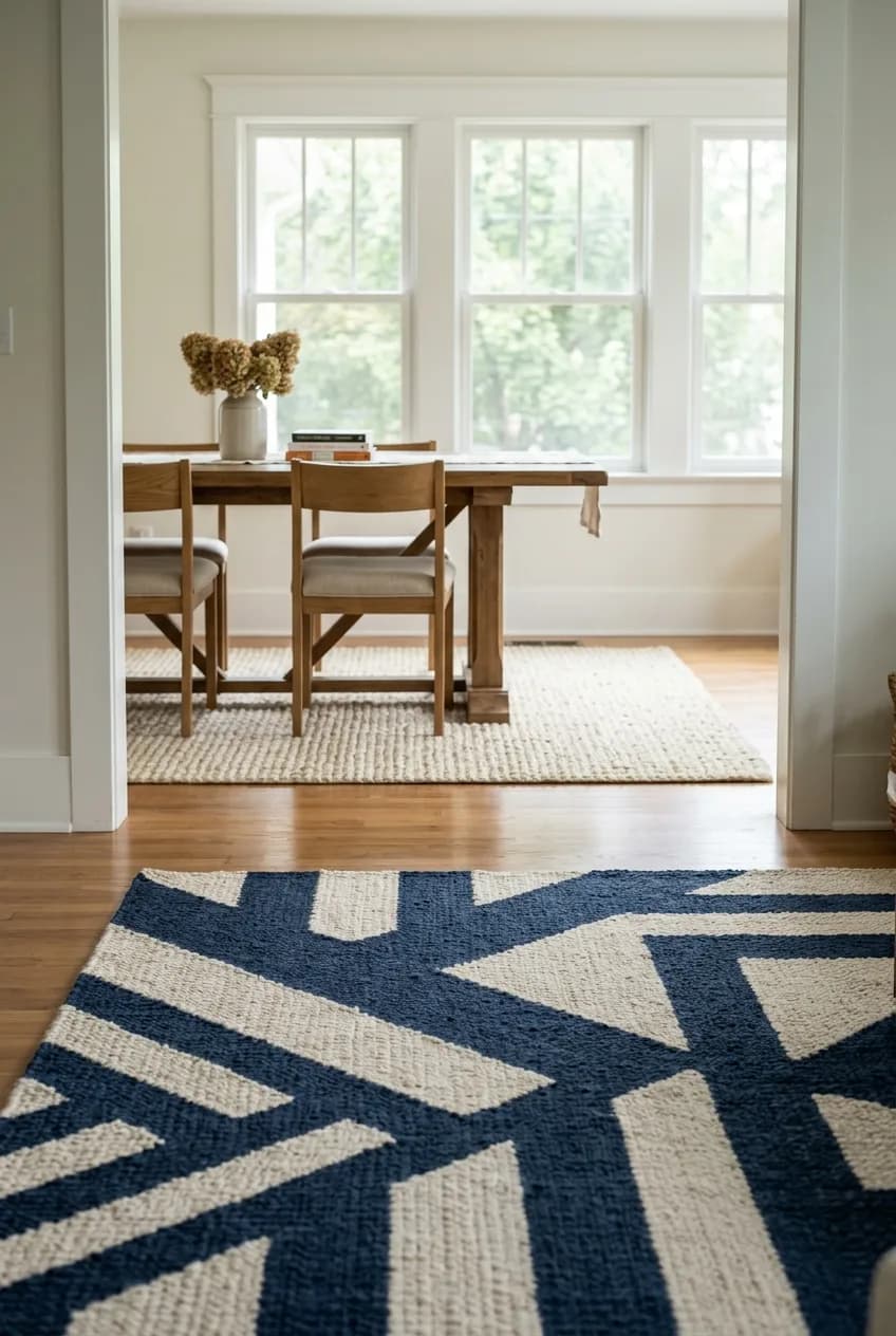 Coordinating rug sizes for an open floor plan, showing a bold patterned living room rug paired with a simple textural dining room rug.