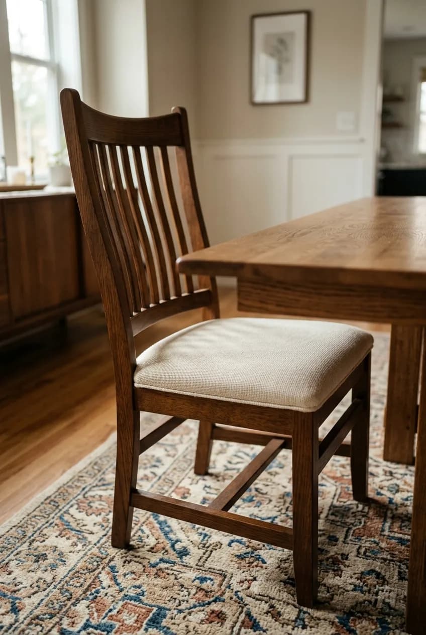 A demonstration of the correct dining rug size for an open floor plan, with a chair pulled out and all its legs still on the rug.