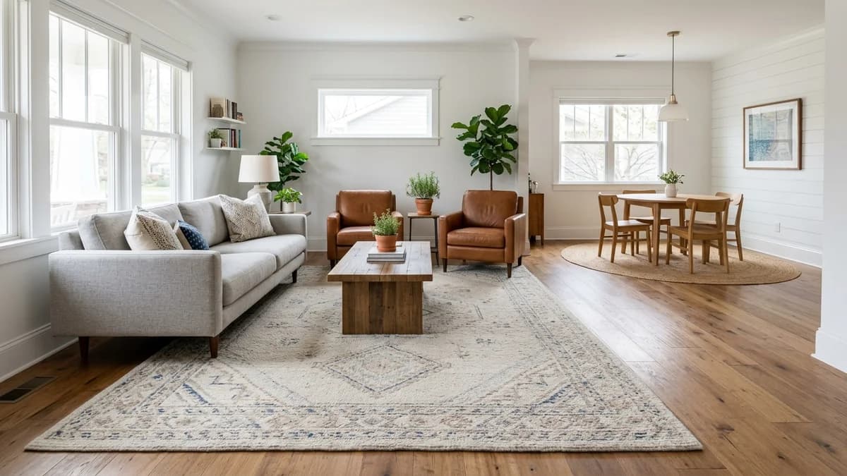 How to choose a rug size for an open floor plan, showing a living area with an 'all legs on' rug and a separate dining area with a coordinated rug.