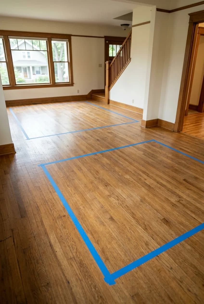 Using blue painter's tape to map out the ideal rug size for an open floor plan living area on a hardwood floor.