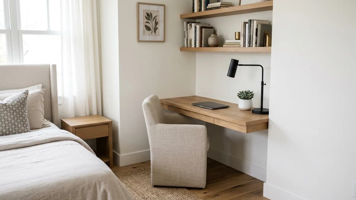 How to fit a home office into a small bedroom, showing a stylish, compact wall-mounted desk and shelves seamlessly blended into the room's decor.