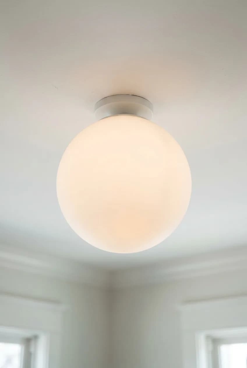 A modern ceiling fixture with a frosted globe shade showing how to layer lighting by first improving the main overhead light.