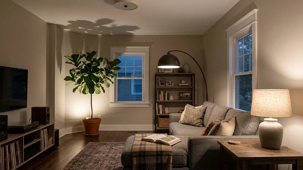 A living room demonstrating how to layer lighting in a room with only one overhead fixture, featuring an arc lamp, table lamp, and uplight creating a cozy ambiance.