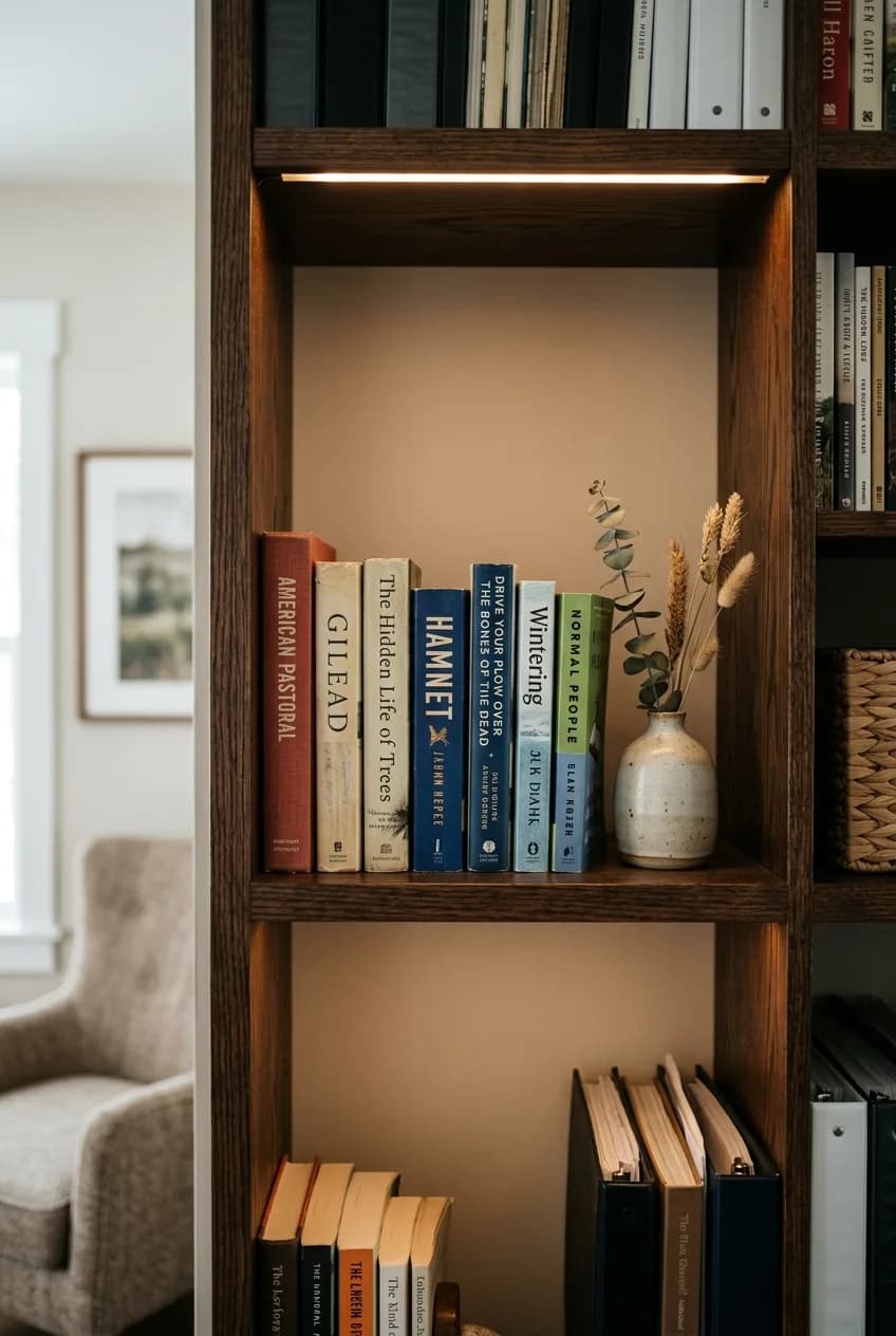 An LED light strip under a bookshelf demonstrates an easy way to add accent lighting when layering light in a room.