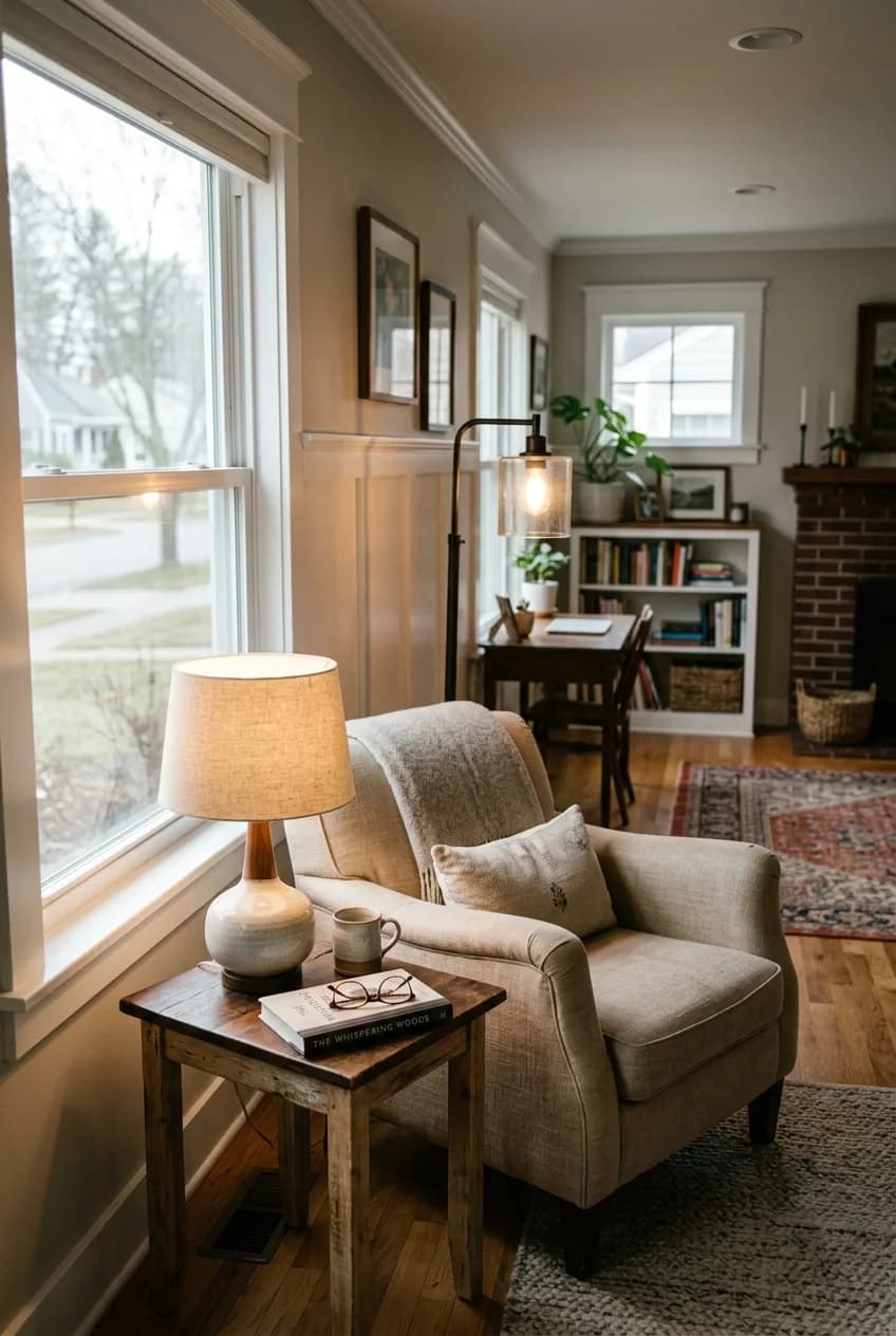 A reading corner with a table lamp and a floor lamp in the background demonstrating the 'triangle of light' method for layering light.