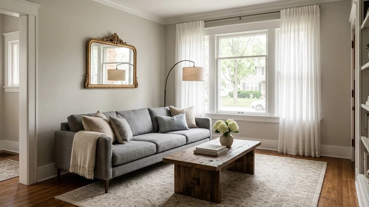 How to mix furniture styles shown in a cohesive living room with a modern sofa and antique gold mirror.