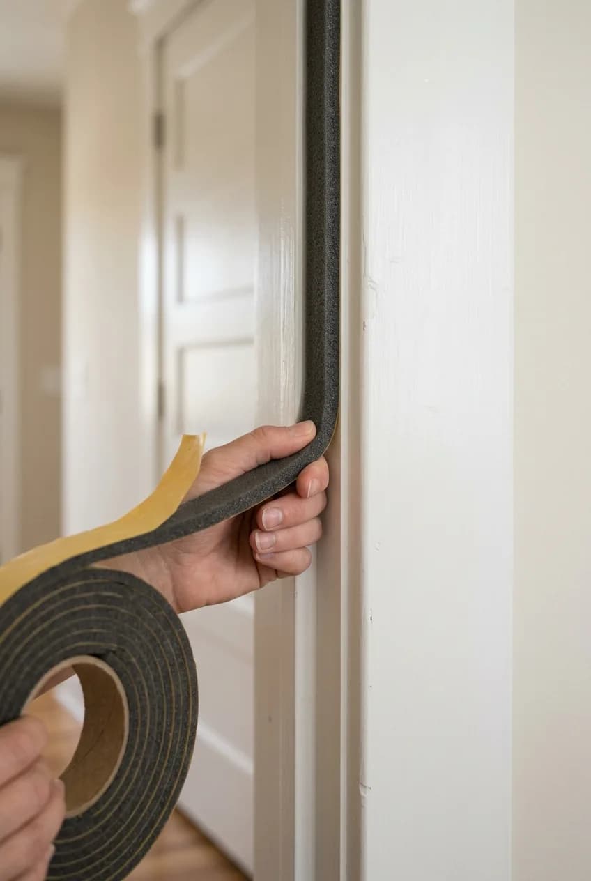 A close-up view of foam weatherstripping being applied to a door frame, a key step to soundproof a bedroom door on a budget.