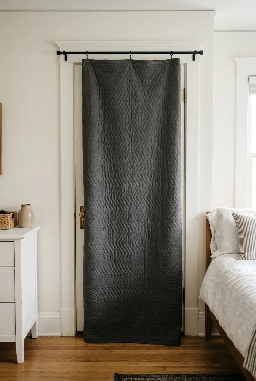A budget soundproofing solution showing a heavy moving blanket hung on a rod to completely cover a bedroom door.