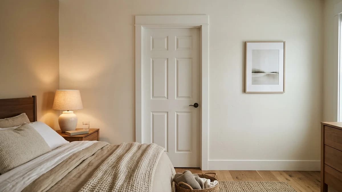 A perfectly sealed white bedroom door, demonstrating how to soundproof a bedroom door on a budget for a peaceful room.